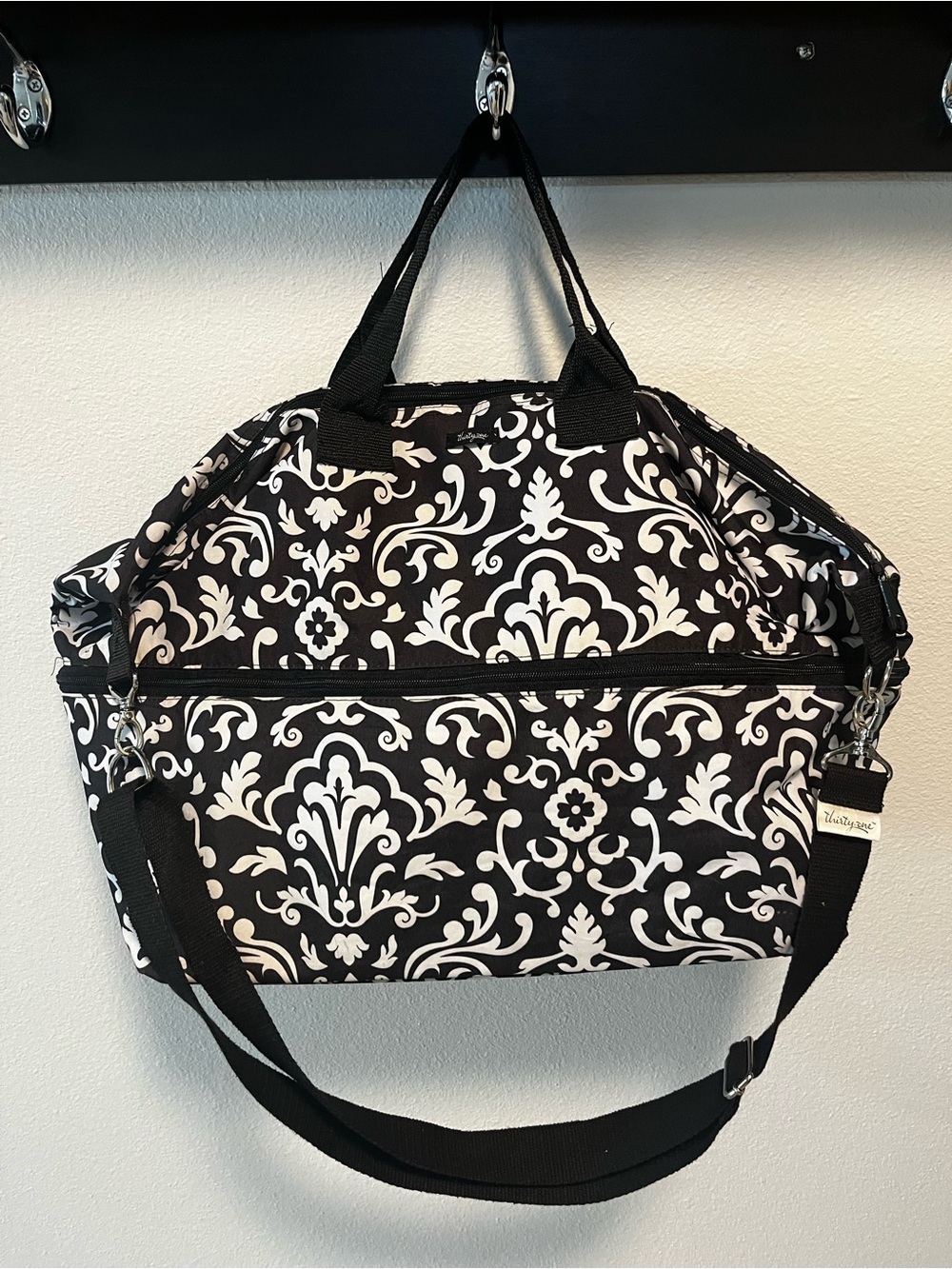 Thirty-One Black and White Damask Expandable Weekender Bag